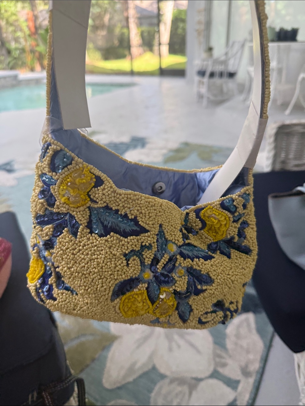 Hand-Beaded Floral Shoulder Bag in Cream, Blue & Yellow